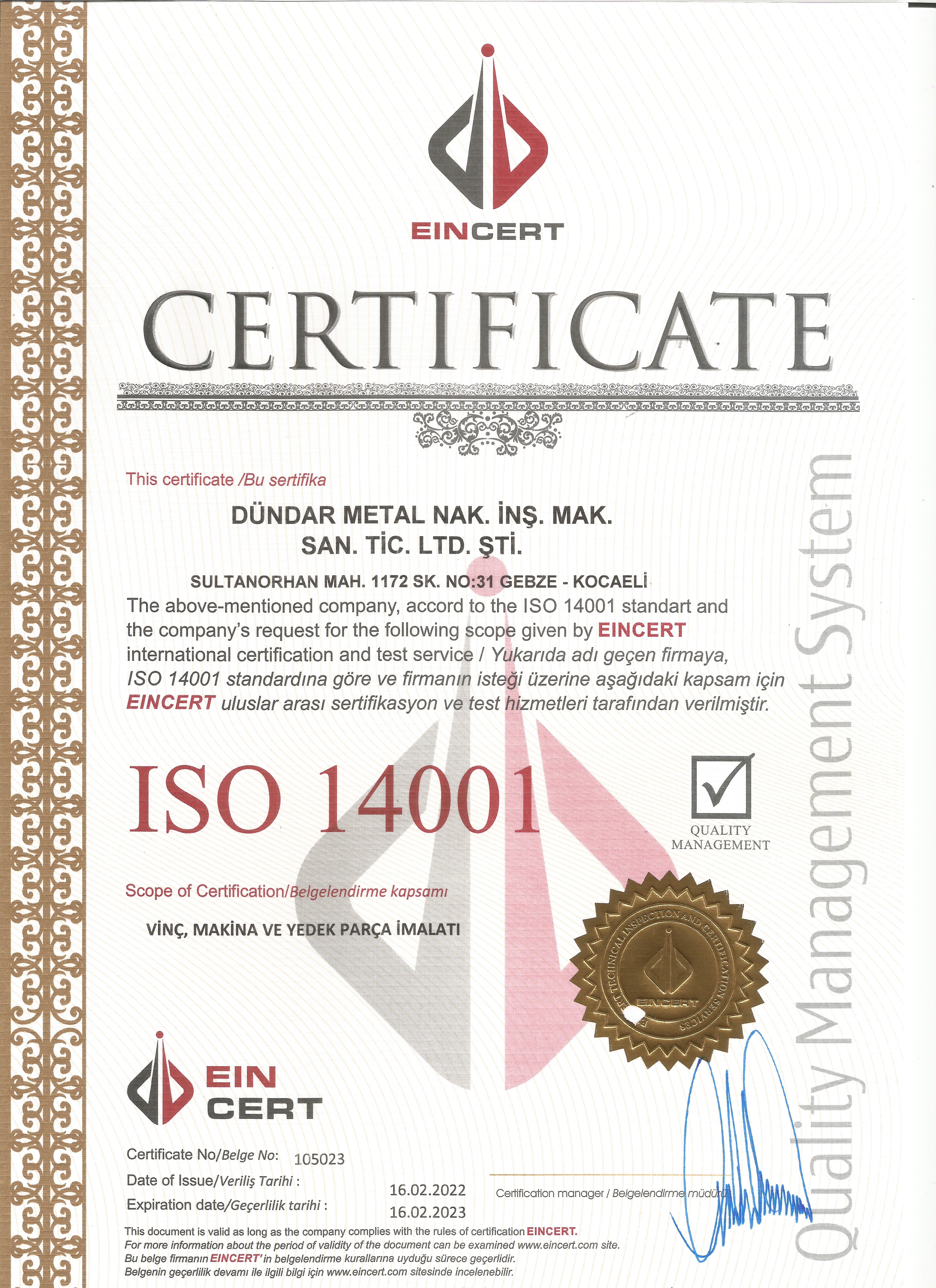 ISO 14001 Kalite Belgesi