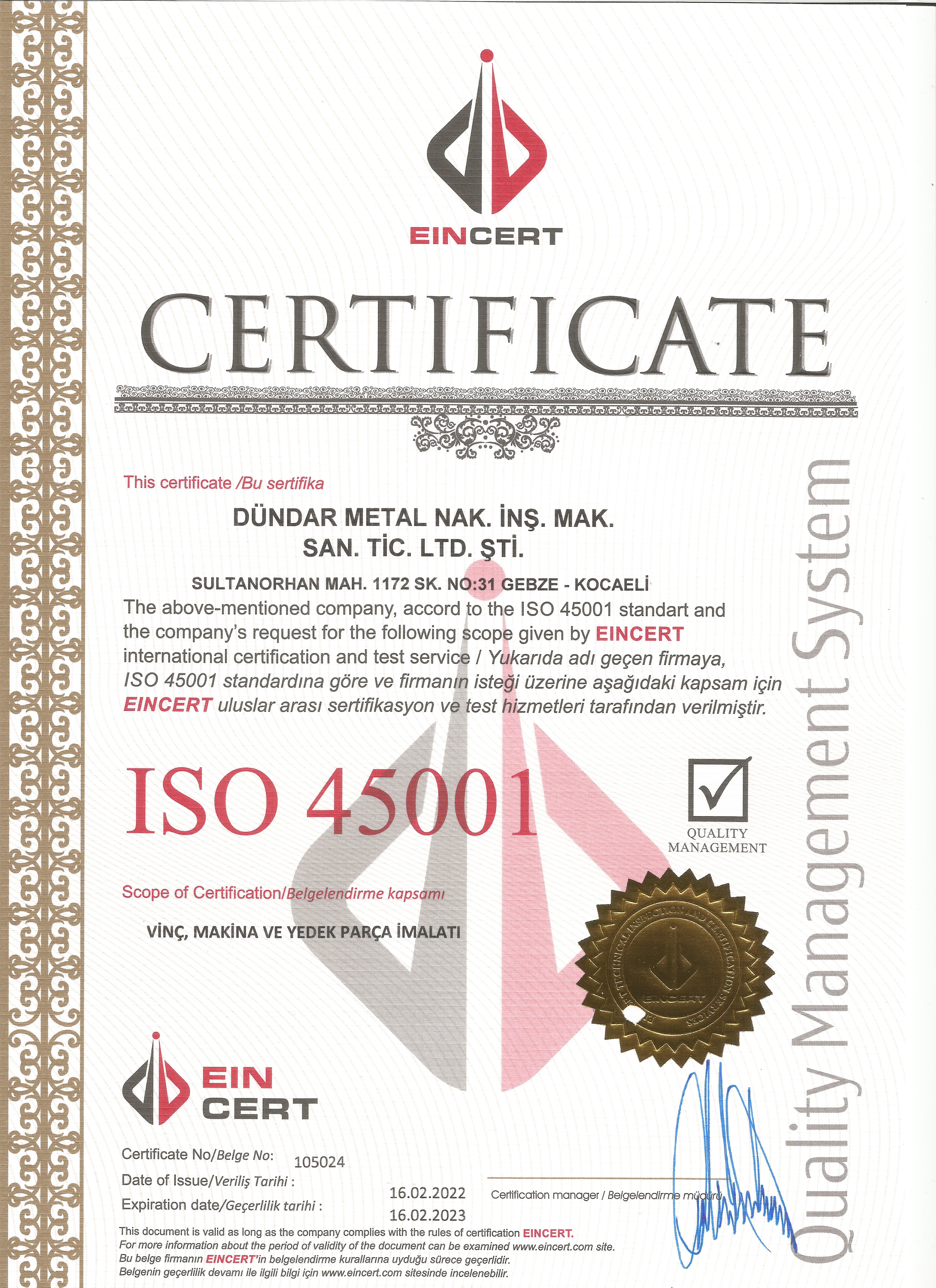 ISO 45001 Kalite Belgesi